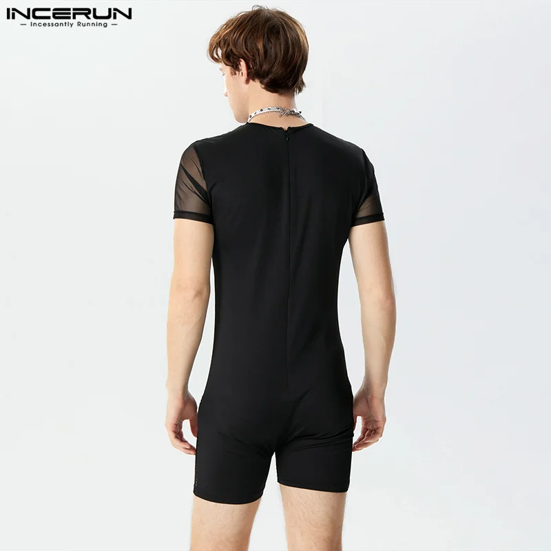 INCERUN American Style Men's O-neck Rompers Fashion See-through Lace Patchwork Jumpsuits Sexy Short Sleeved Bodysuits S-3XL
