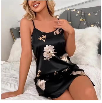 Women Nightwear Home Clothes Sexy Black Floral Printing Nightdress Sleepwear Nightshirts Silk Sleepshirts Nightgowns For Woman 1