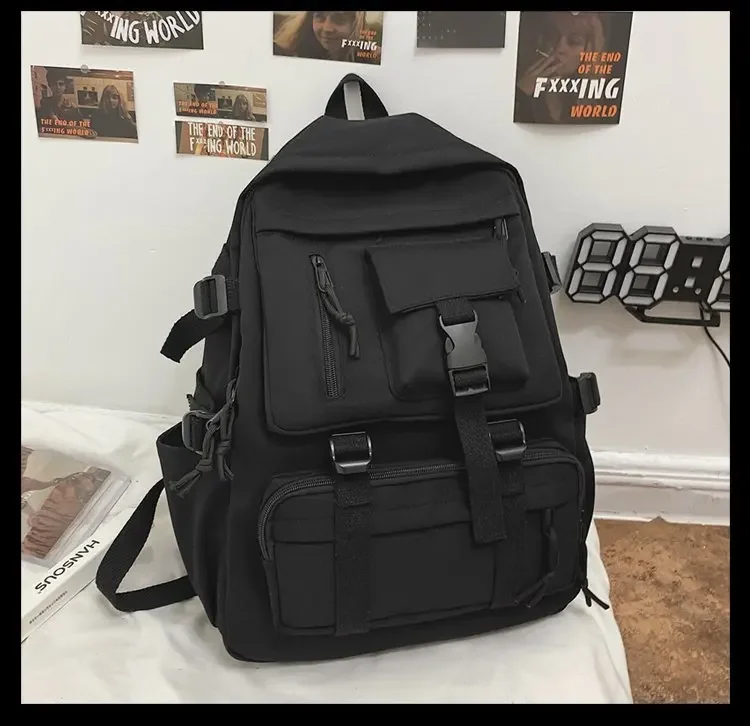 Preppy Style Black Backpack Unisex Women Men Backpack Nylon Waterproof Multi-Pocket Design Mochilas Teenagers Shoulder Bag