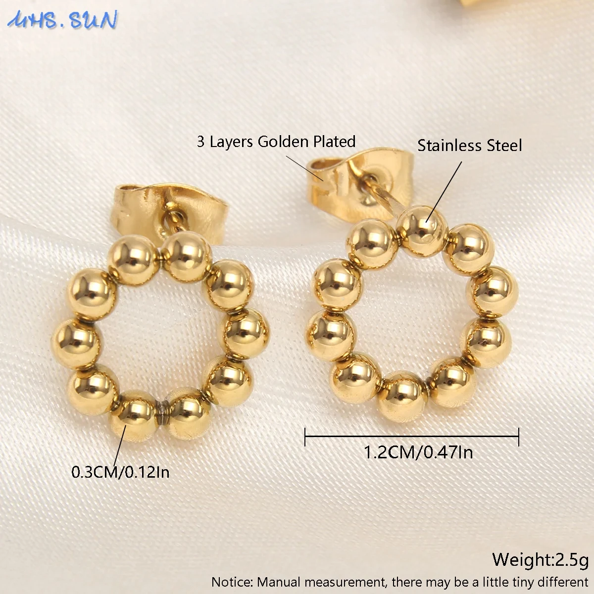 Edelstahl-Kugel-Design-Ohrstecker für Damen, vergoldete Perlen, rundes Kreuz, U-förmiger Ohrring, Ohrschmuck, Geschenke, wasserdicht – Detail 4