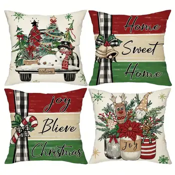 4pcs Christmas Tree Truck and Snowman Pillow Covers ,Rustic Holiday Design for Farmhouse Living Room Bedroom Sofa and Home Decor