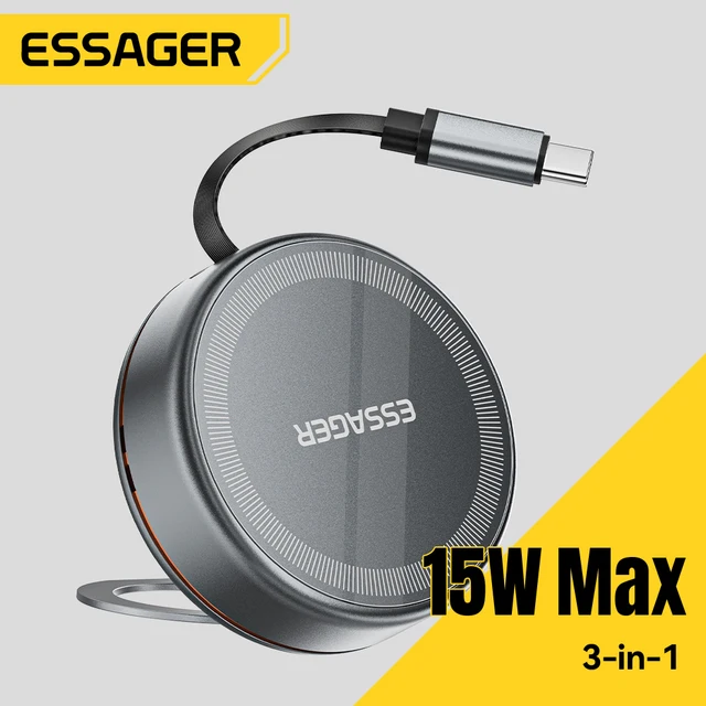 Essager 15W 3 in 1 Magnetic Wireless Charger With 96cm Retractable Type-C Cable