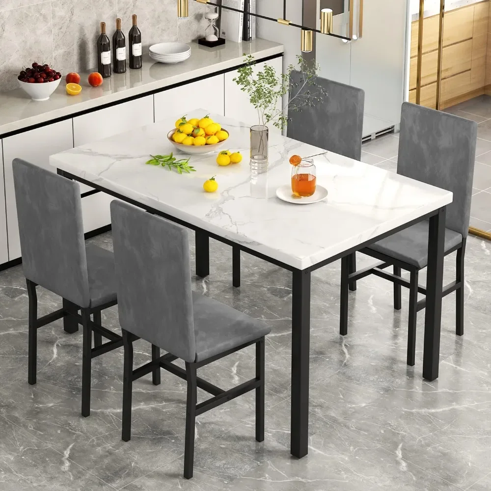 Dining Table Set for 4 4 PU Leather Chairs 5-Piece Marble DiningTable Set Velvet Metal Frame Chairs For Kitchen