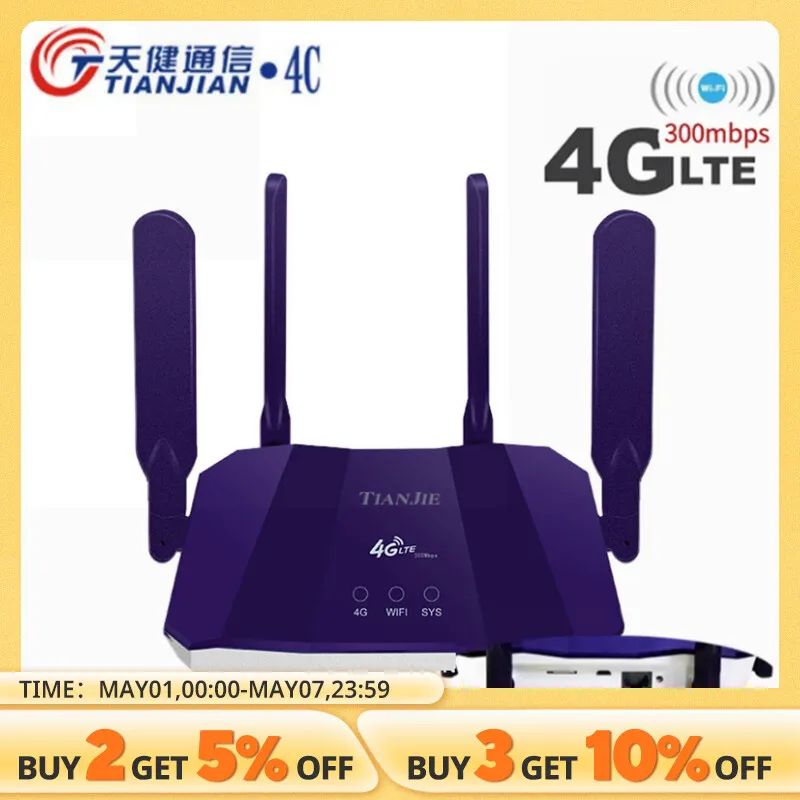 TIANJIE 4G SIM Card Router Wireless WIFI Modem LTE Access Point CPE 4 Antenna Hotspot Global Network Adapter for IP Camera