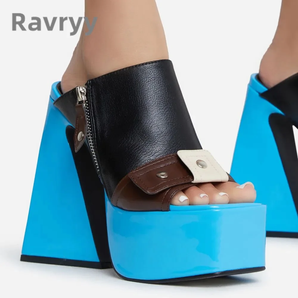 

2023 New Square Head Open Toe Horseshoe Heel Fashion Slippers Super High Heel Platform Side Zipper Women's Versatile Slippers