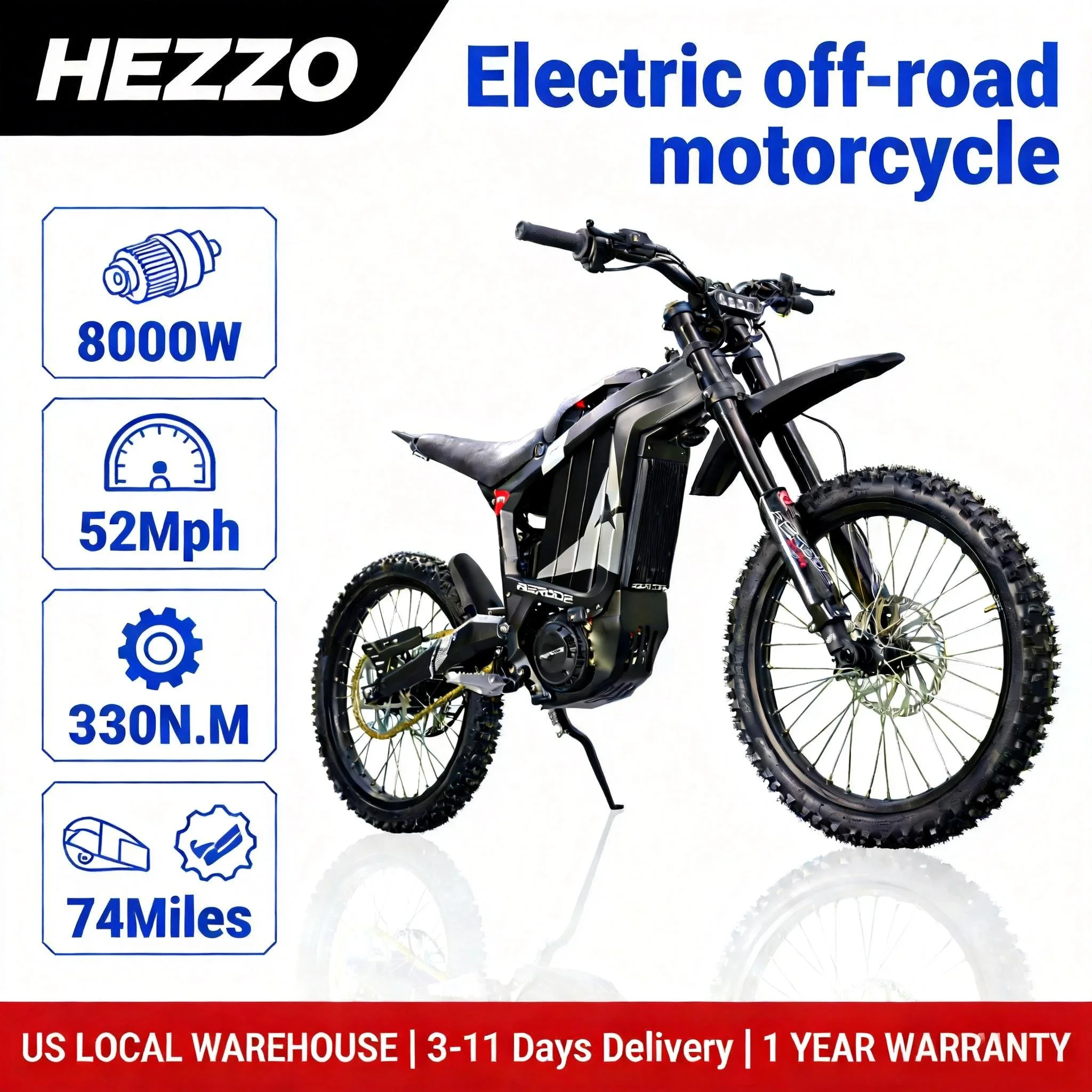 HEZZO R1 8000W 72V Leisure Off-Road Recreation Electric Motorcycle 330N·M 75Miles Hydraulic Disc Brake Free Shipping