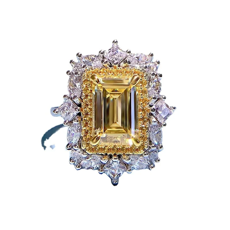 

ZOCA 100% 925 Sterling Silver Emerald Cut Yellow Color Simulated High Carbon Gemstone Wedding Engagement Fine Jewelry Ring