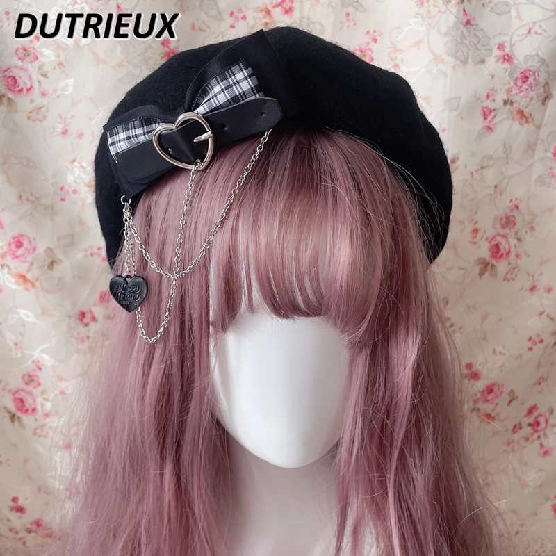 

Janpanese Bow Beret Sweet Hot Girl Black Berets Caps for Women 2023 Autumn and Winter Beret Harajuku JK Black Hats Female