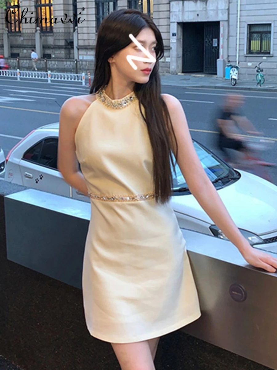 

French-Style Diamond Beaded Halter Sleeveless Dress Women Summer Luxury Heavy Tight Waist Rhinestone Dresses Elegant Sexy Dress