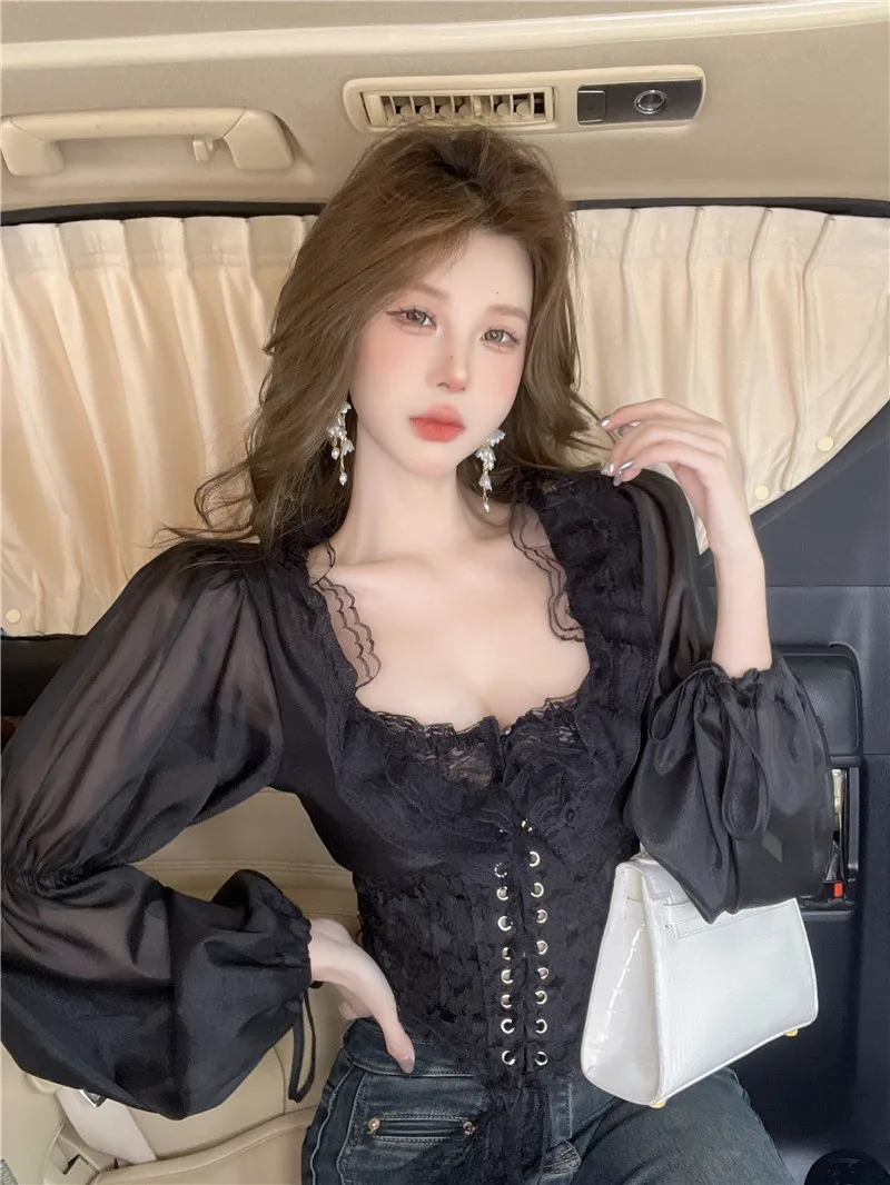 Black [maillard outfit/dopamine outfit/fairy top super fairy sweet/beautiful top french/tea break/sweet and cool/hong kong style//fashionable/2023 new style]