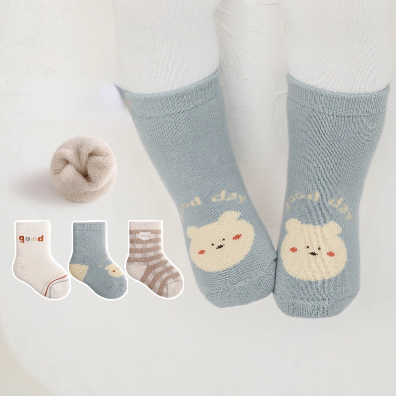 

3Pairs Winter Cute Terry Thicken Baby Socks Korean Cartoon Medium Tube Cotton Socks Newborn Kids Socks Girl Boy Warm Accessories