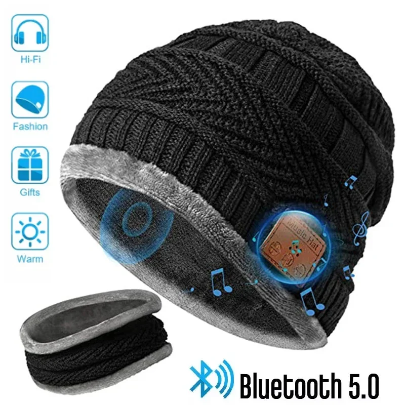 

2in1 for Handsfree Call Outdoor Sport Cap Gifts Winter Bluetooth 5.0 Headset Headband Warm Music Hat with Soft Scarf Microphone