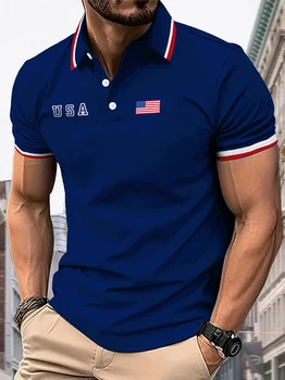 Polo Sportiva Casual da Uomo con Stampa Bandiera Americana, Design Originale sul Petto, Idea Regalo per le Feste, Polo alla Moda per Uomo