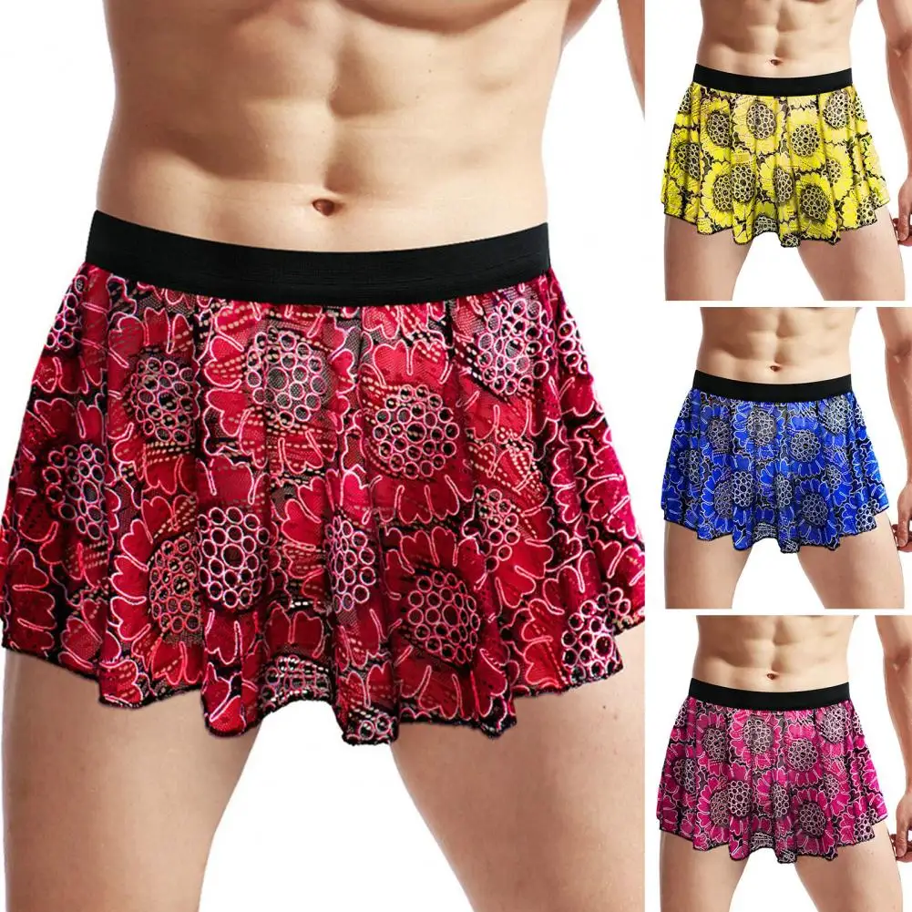 

Men Short Pleated Skirt Vintage Printed Unisex Mini Skirt with Elastic Waist Pleated Design Soft Breathable Clubwear for Male