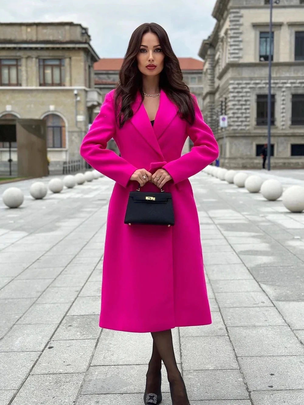 

2023 Autumn Winter New Women's Fashion Rose Red V Neck Slim Fit Bow Tie Hidden Buckle Long Sleeve Woolen Coat Woolen Coat