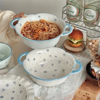 Large Ceramic Double-Eared Bowl – Butterfly Pattern, High-Quality Tableware 1