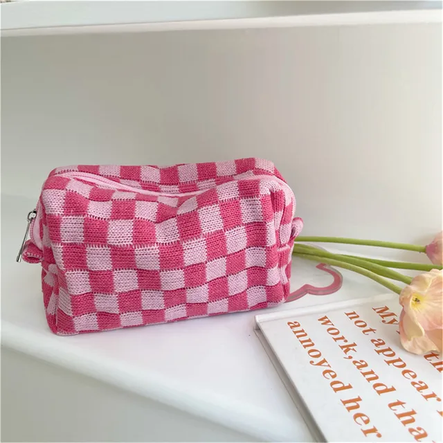 New Large Capacity Checkered Cosmetic Bag Green Makeup Pouch