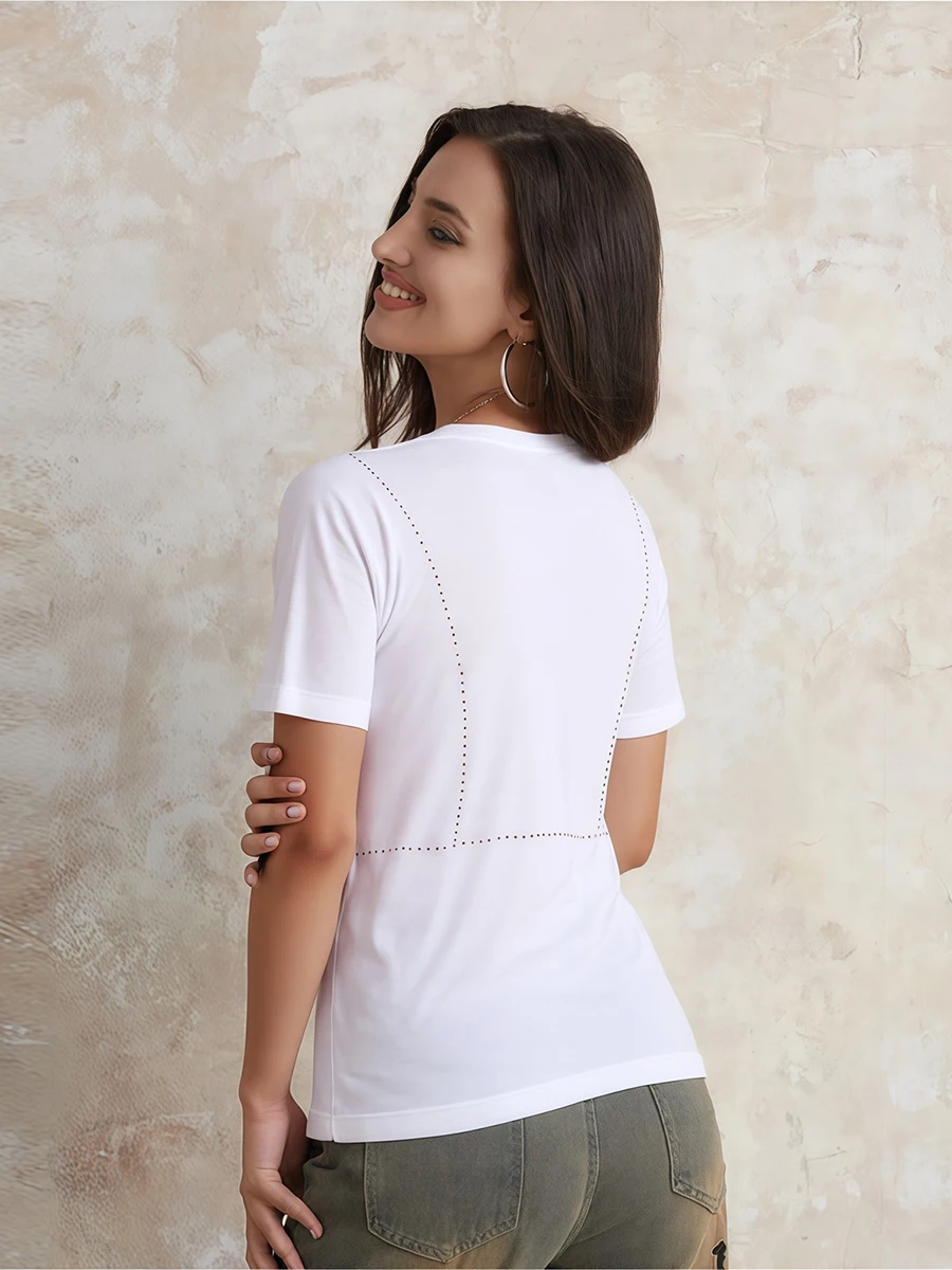 Women s Casual Summer Short Sleeve Round Neck T-Shirt with Sparkling Rhinestone Bra Design and Loose Fit