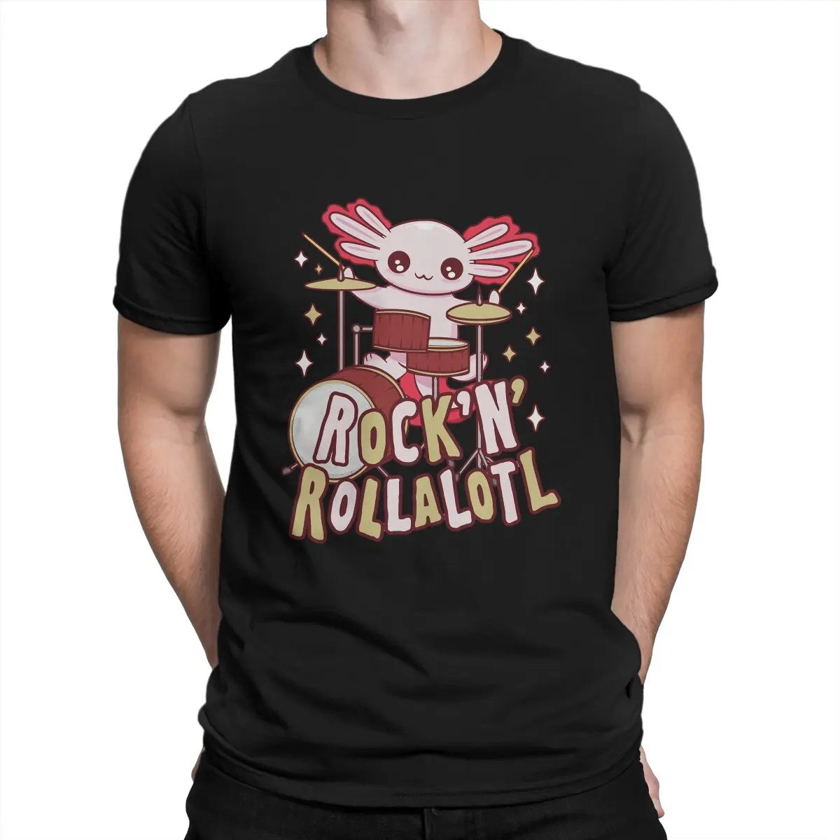 

Funny Playing Drums Cute Amphibian Rock Roll Music Drummer Axolotl T Shirt Classic Large O-Neck TShirt Top Men's Short Sleeve
