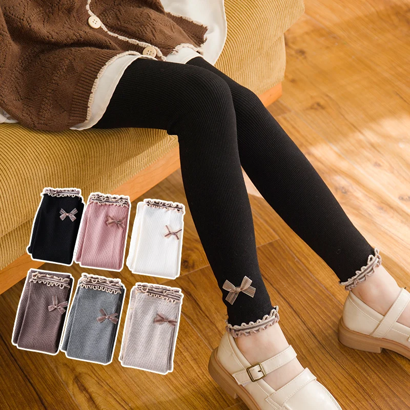 

Демисезонные детские тонкие брюки из чесаного хлопка с вертикальными полосками, Симпатичные кружевные леггинсы с деревянными ушками и бантом для девочек, детские брюки для девочек