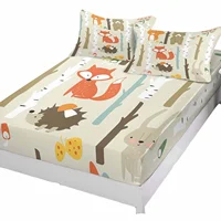 Trees Children Animal Fox Rabbit Queen Size Bed Mattress Fitted sheet Elastic Rubber Band Non-slip Bed Sheet Pillowcase Set 2