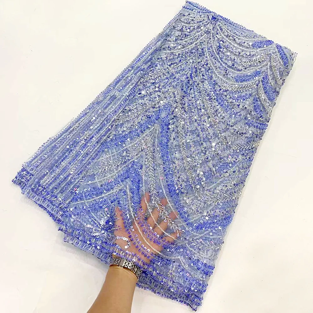 

Luxurious Blue Sequence Lace Fabrics Nigeria Lace 2022 Embroidery Mesh Lace Fabric Beaded African Wedding Gold Line Lace Fabric
