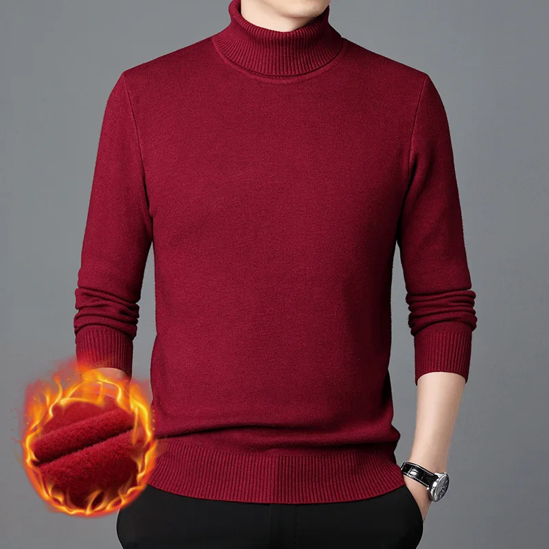 Men's Pure Color Thickened Warm Single-Layer Fleece-Lined Bottoming Shirt Autumn and Winter New High Neck Sweater