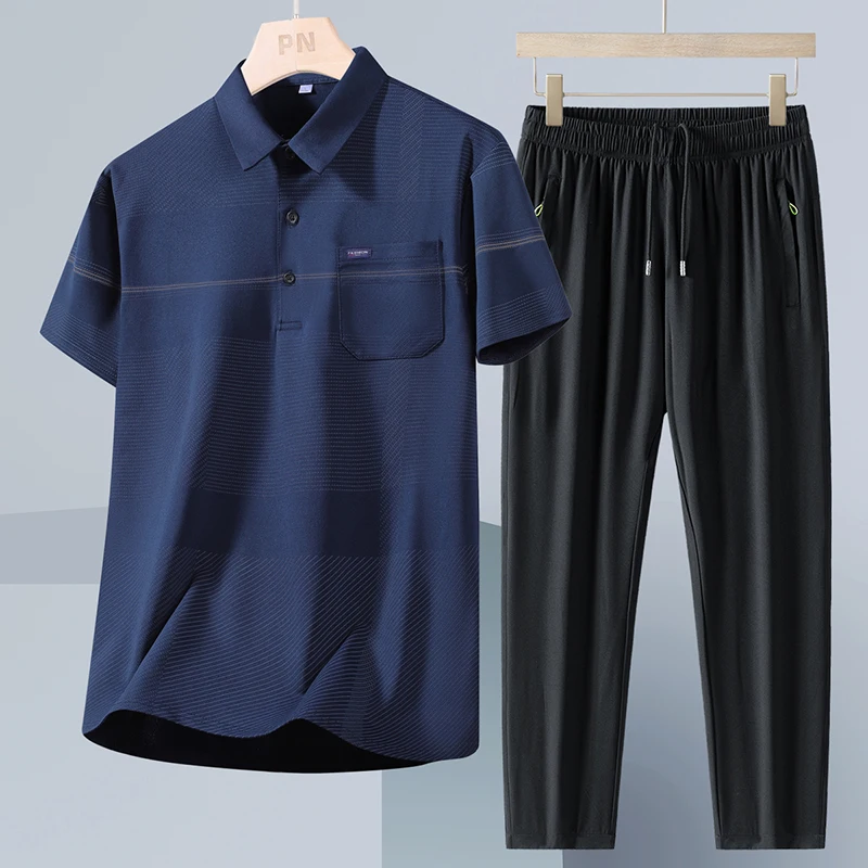 طقم قميص بولو كاجوال للعمل للرجال مع بنطلون كتان