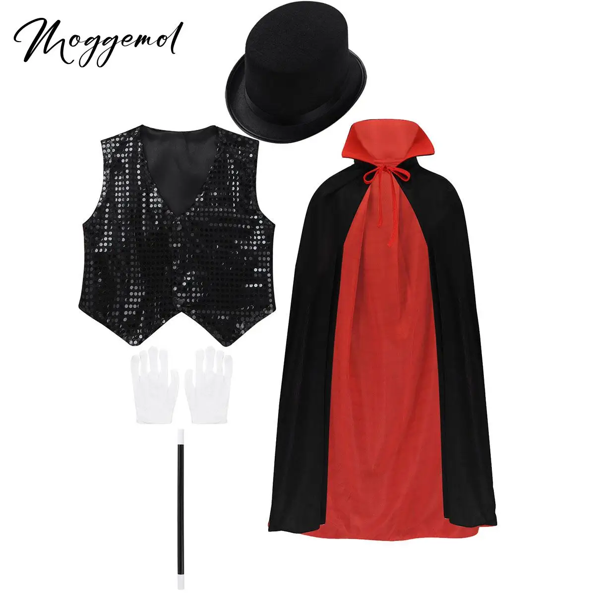Kids Cosplay Costume 5Pcs Magician Role Play Props Outfit Waistcoat Cape Hat Magic Wand Gloves Set Choir Jazz Dancewear