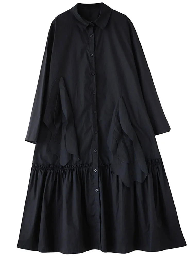 2025 Spring Autumn New Black Vintage Pleated Shirt Dresses For Women Ruffles Long Sleeve Loose Casual Dress Fashion Clothing