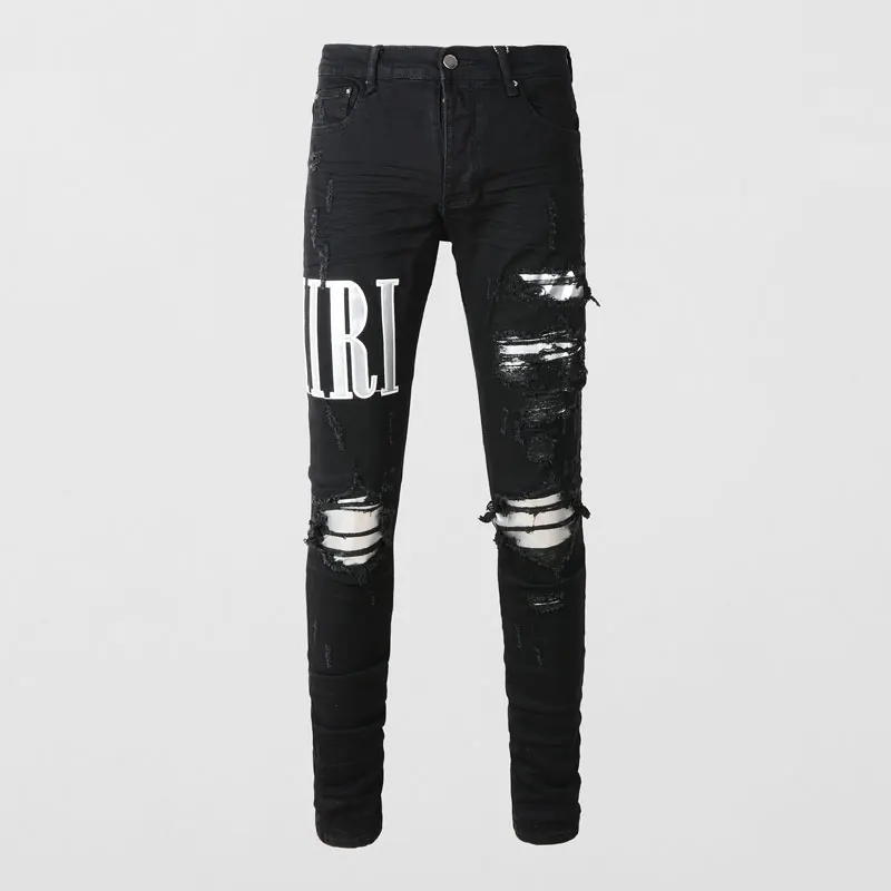 

Street Fashion Men Jeans Black Elastic Stretch Skinny Ripped Jeans Men White Leather Patched Designer Hip Hop Brand Pants Hombre