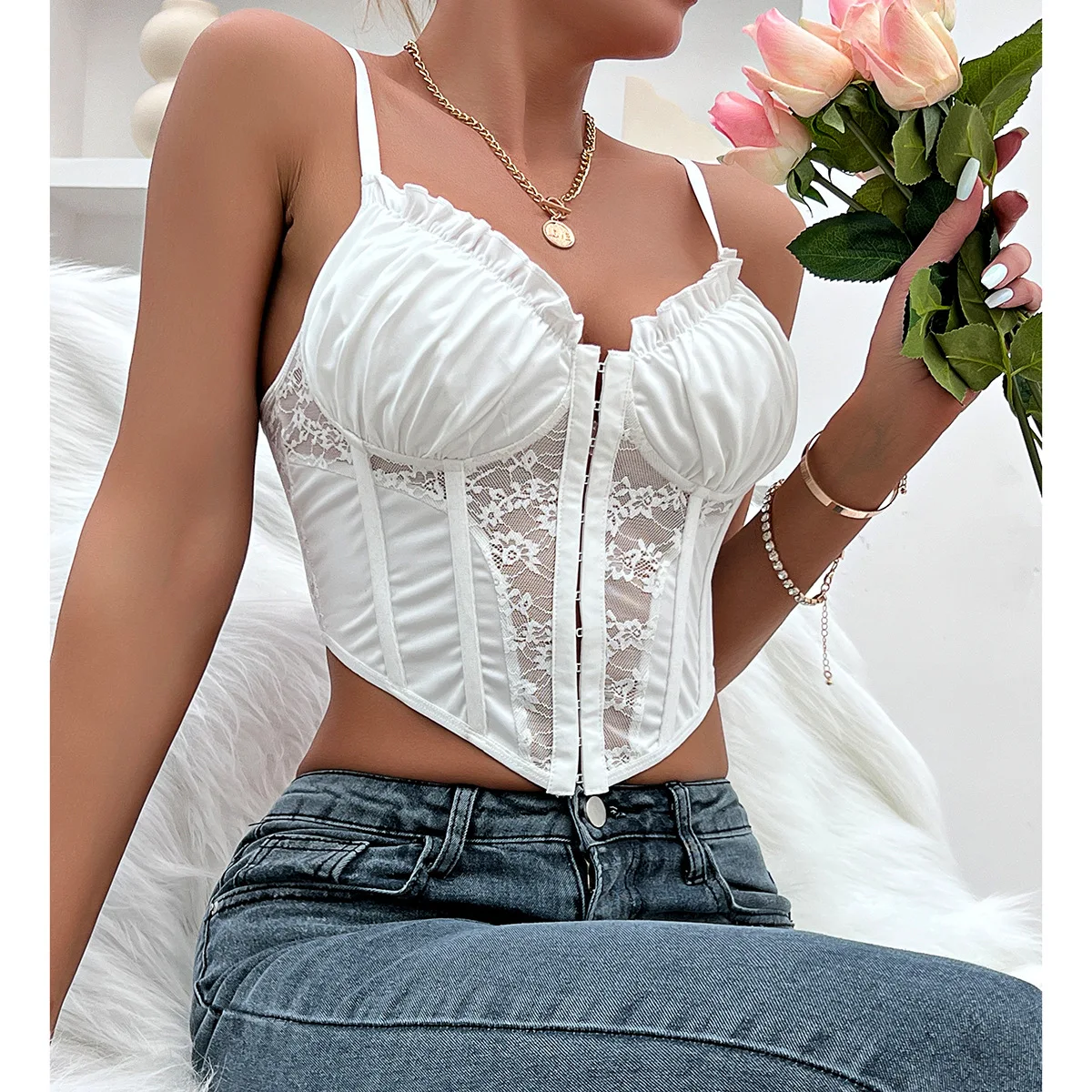 

Sleeveless Corset Tops Woman Clothing Fold Tank Tops Y2k Slim Fit Backless Solid Halter Bustiers Sexy Lace Camis Streetwear Vest