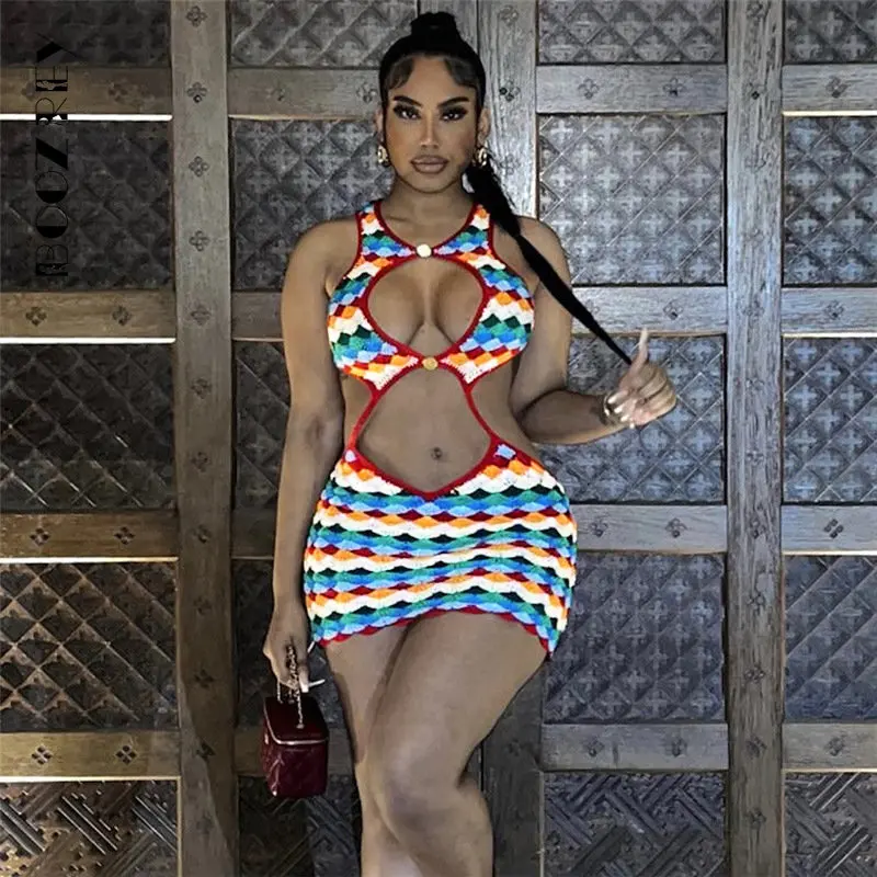 

Женское клетчатое мини-платье BoozRey, уникальное лоскутное платье без рукавов с вырезами и бриллиантами, сексуальное облегающее платье на осень и зиму