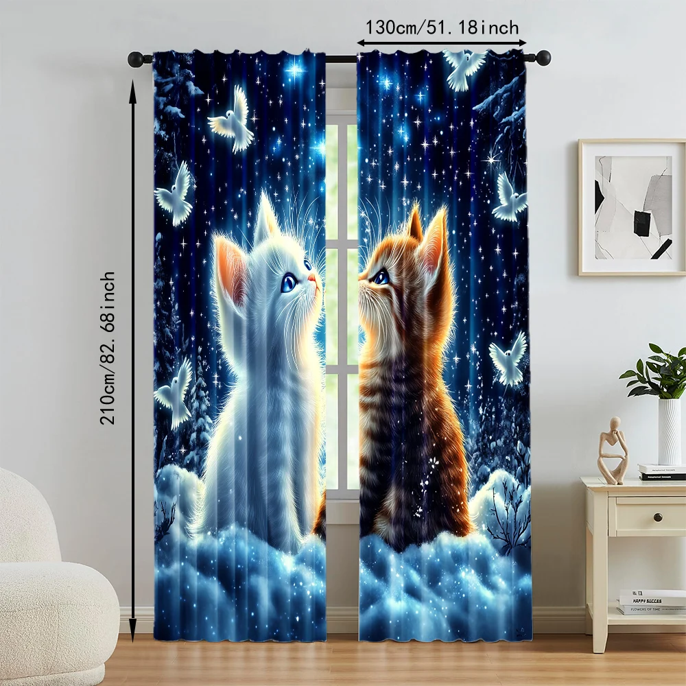 2Pcs Adorable Cat And Star Print Polyester Window Curtains Rod Pocket Design For Easy Hanging Home Decor Perfect For Bedroom 5