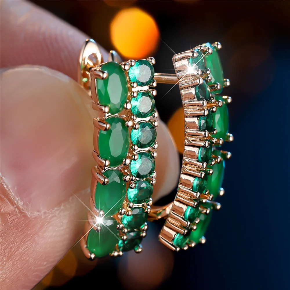 Simulated Jade Oval Stone Green Round Zircon Earrings For Women Vintage Gold Color Ear Buckle Wedding Jewelry Versatile Gifts