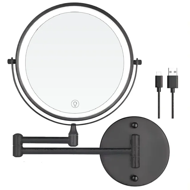 Miroir de douche mural avec chargeur USB de 8 pouces, avec lumières, miroir de maquillage LED grossissant Double face 1X/10X, miroir de vanité 1