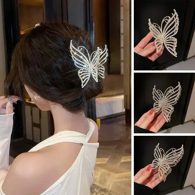 Hair Decor Accessories Gifts Bling Rhinestone Butterfly Hair Claw Clips Elegant Pearl Crab Barrette Headwear Ponytail Clip