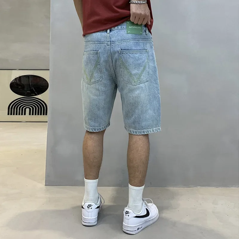 Fashionable Niche Design Sensibility Washing Light Denim Men's Casual Shorts Straight Leg Trendy Midsummer Pants
