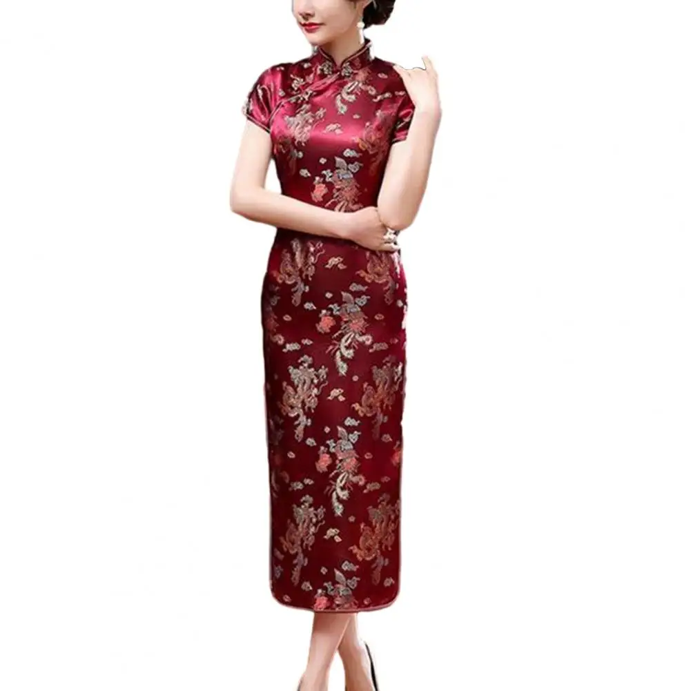 

Retro Style Cheongsam Dress Elegant Chinese Cheongsam Dress with Floral Embroidery Stand Collar Slim Fit Silky Qipao for Summer