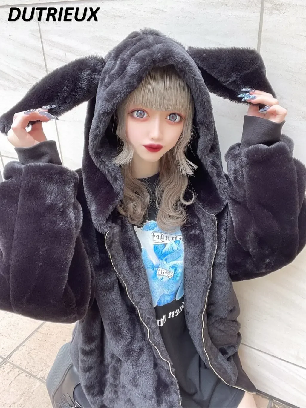 

Customized Japanese Black Mine Style Furry Rabbit Ears Hooded Mid-Length Baggy Coat Women's Autumn and Winter Clothes