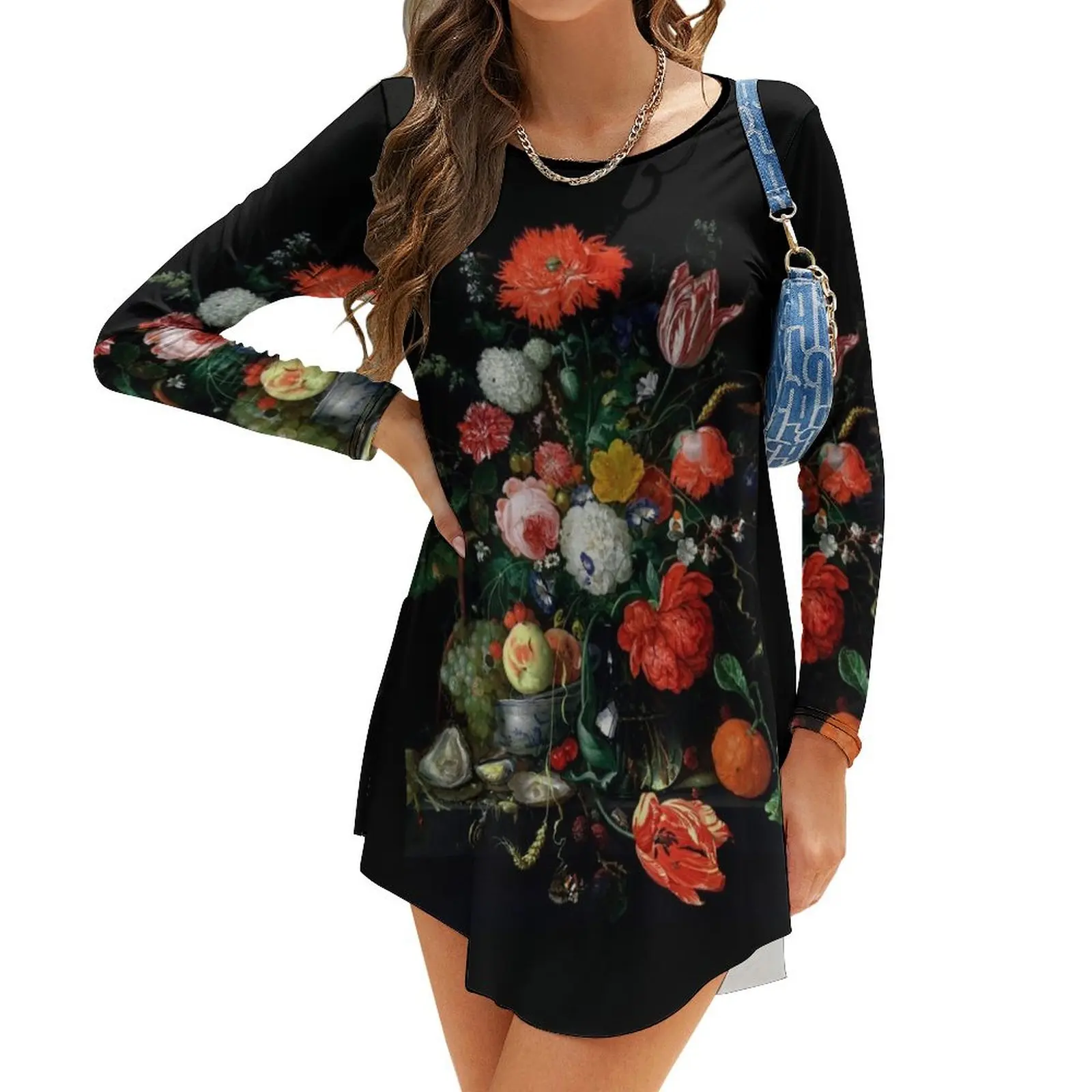 

Flower Still Life with a Bowl of Fruit and Oysters Flower Long-Sleeve Dress long sleeve dresses Women long dress women clothes