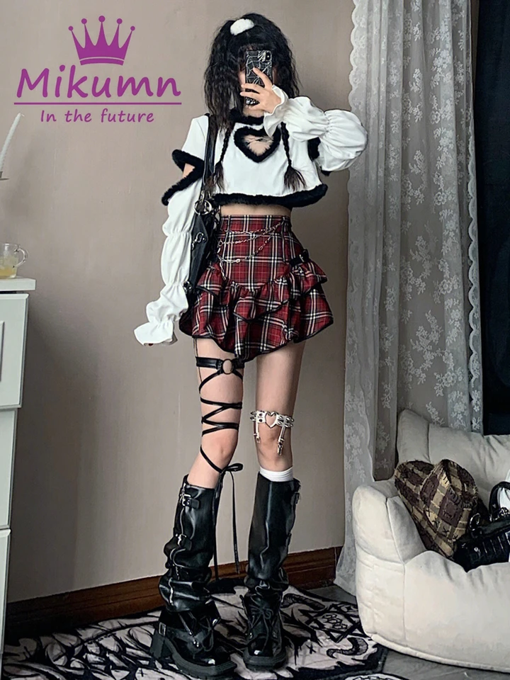 失常 Retro Plaid Cake Skirt & Beret JAPANESE HOT GIRL PUNK PLAID LACE CAKE SKIRT BY90131 | aleeby