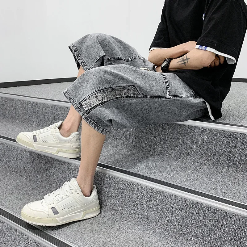Summer Casual Denim Shorts for Men Loose Straight Leg Sporty Cotton Large Size Jeans Seven-Foot Pants Micro Elastic