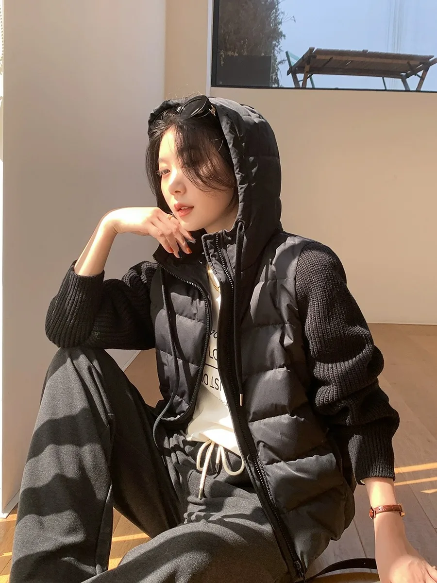 Down Jacket Women's Short Winter New Knitted Stitching Light White Duck down Hooded Loose Coat Tide