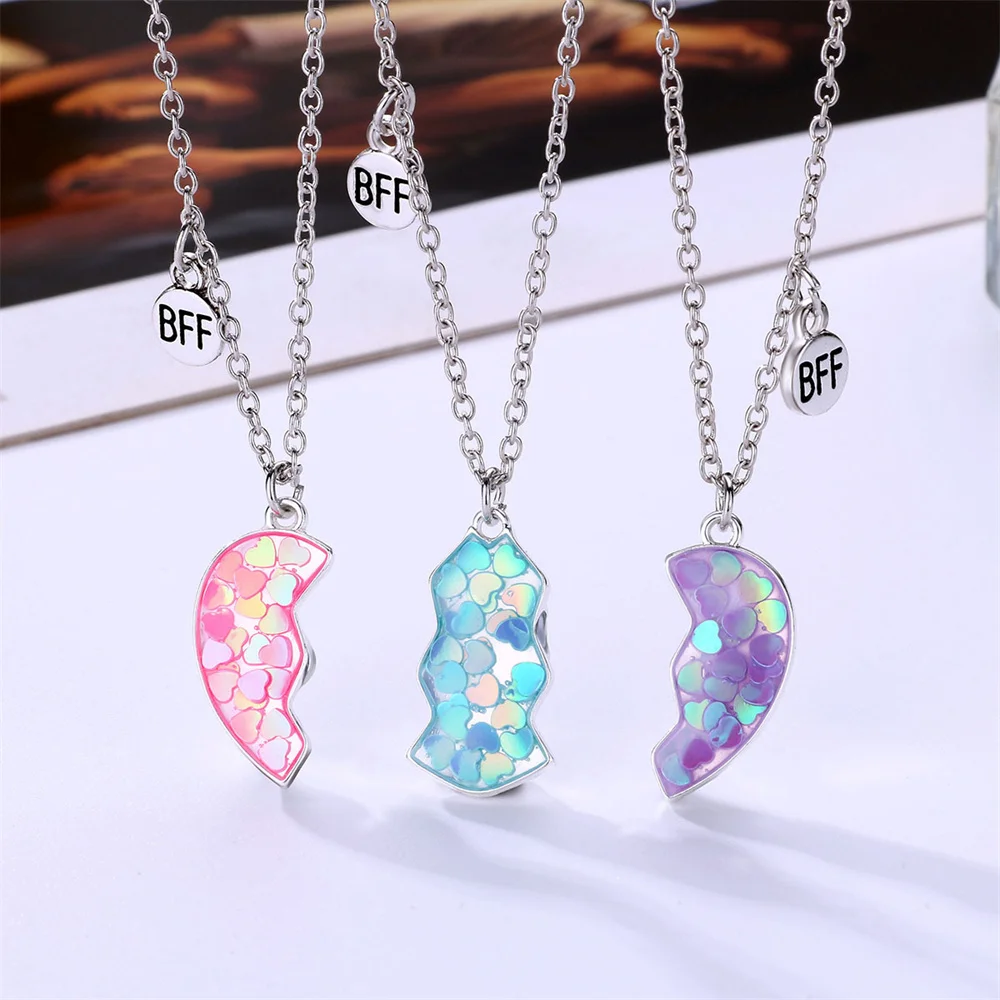 3pcs Stitching Heart Colorful Sequins Magnetic Pendant Necklace Stitching Fashion Simple Design Daily Casual Friendship Jewelry 4