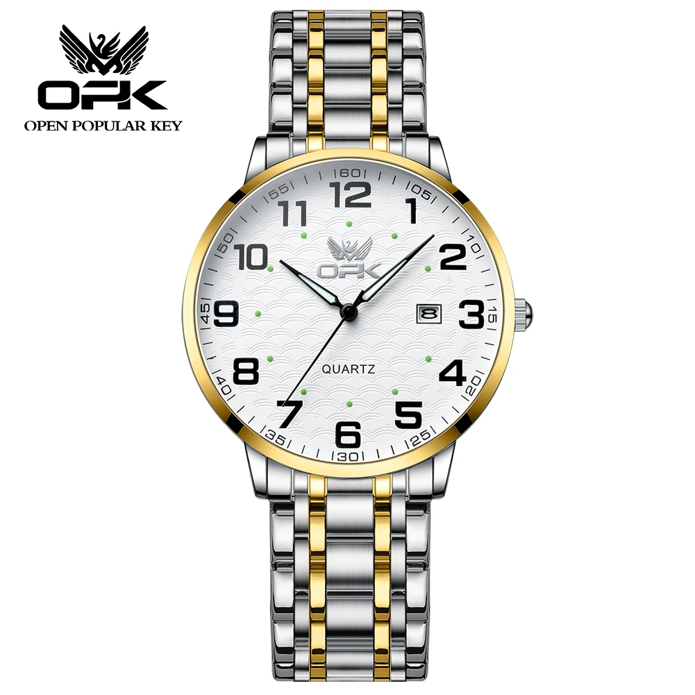 

OPK Brand Original Men's Watches Waterproof Single Calendar Luminous Stainless Steel Strap Quartz Watch Fashion Digital Dial