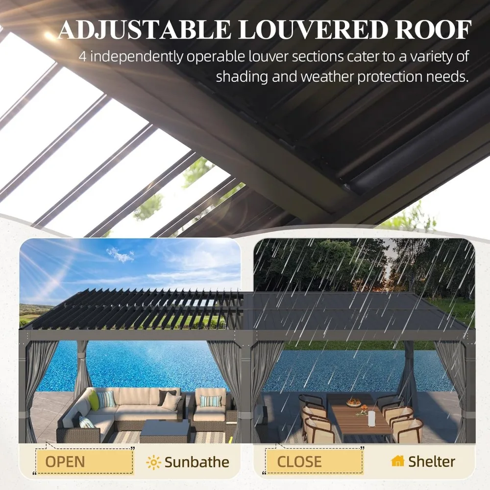 12x24, Aluminum Pergola with Adjustable Louvered Roof, Outdoor Pergola with Waterproof Curtains and Nets, Dark Grey, Gazebos 4