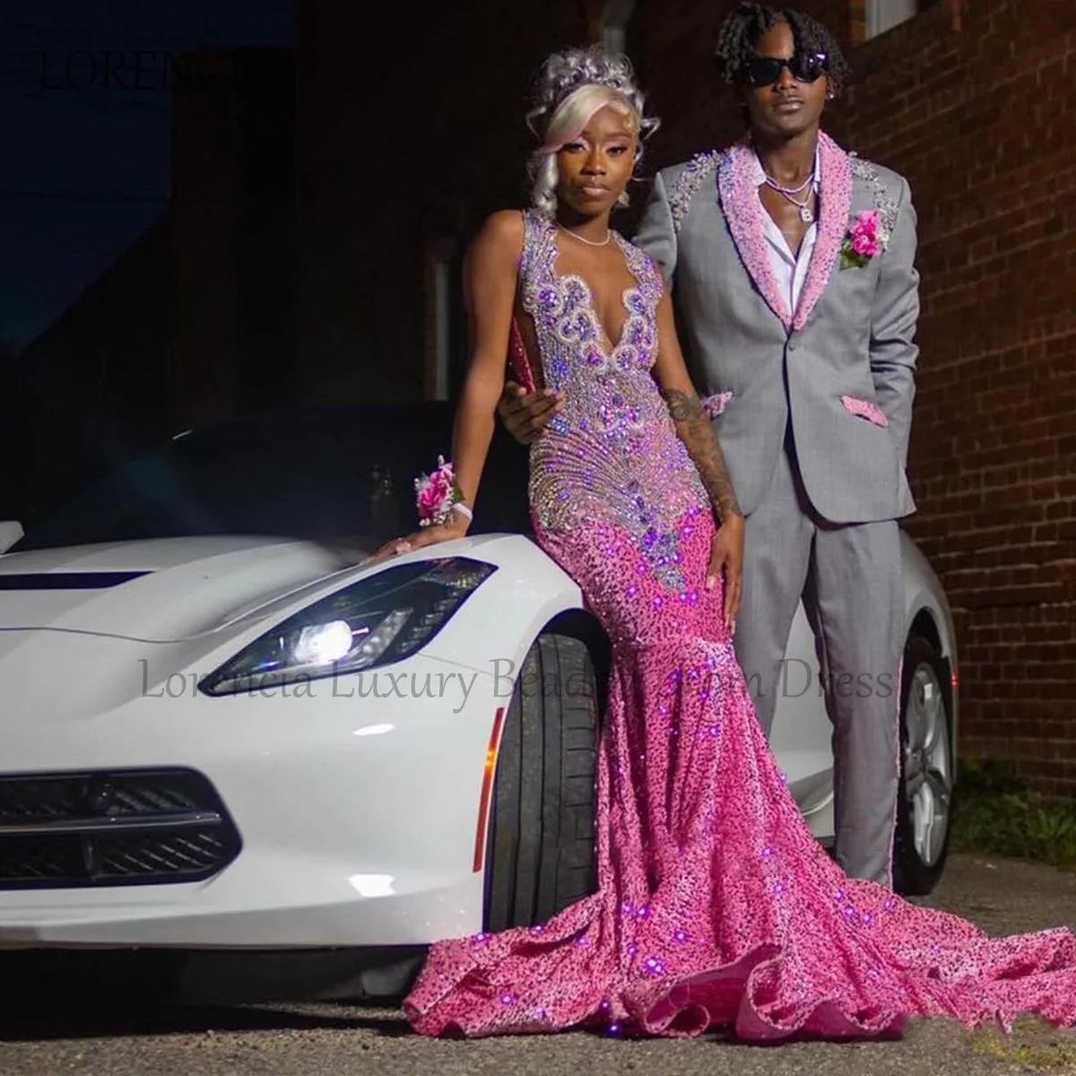 Pink African Prom Dress Mermaid Crystals Feather Black Girl Evening Dress, DP2387