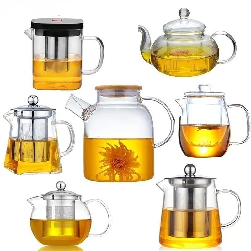 Dropship Teko Kaca Tahan Panas Berbagai Gaya Set Teh Terlaris Ketel Bening  Pot Infuser Teh Puer Bunga