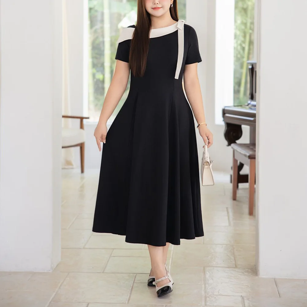 Skew Collar Bow Slim Waist Contrasting Color Dress Plus Size Women Premium Office Work Long Black Dresses 9266